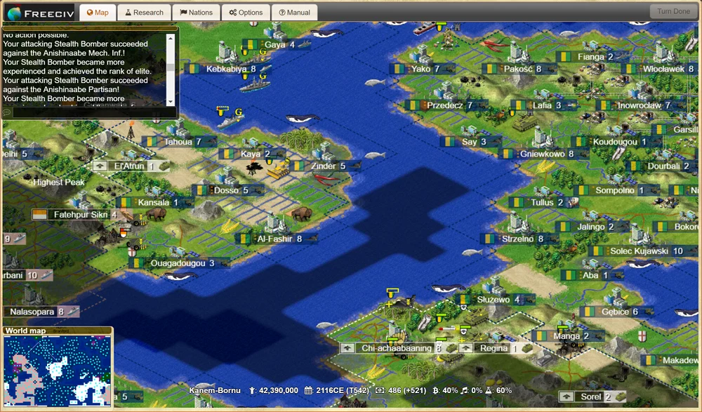 Freeciv-web project screenshot showing a strategy map with cities and terrain